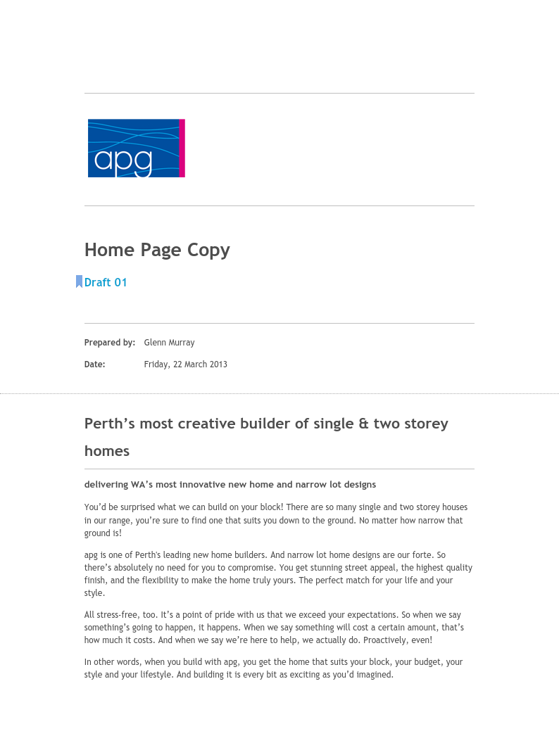 apg Homes — Home page copy for home builder