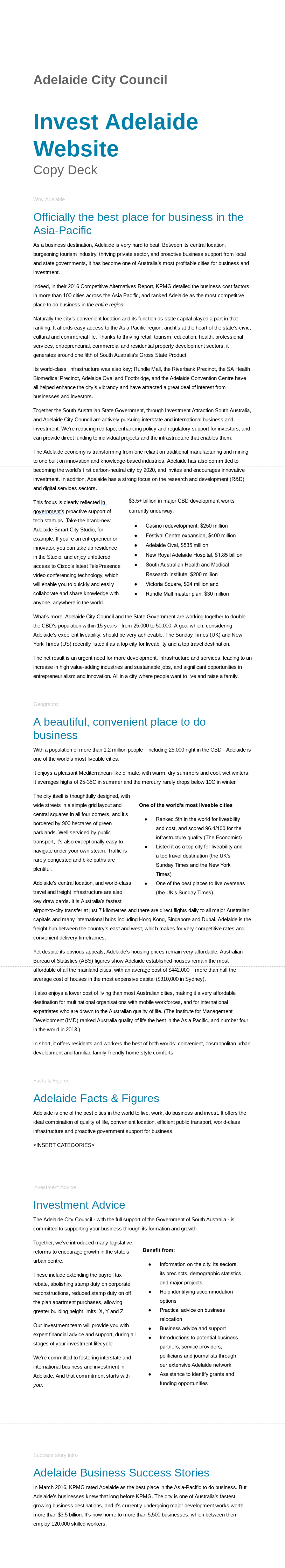 Adelaide City Council — Pitch copy to attract investors