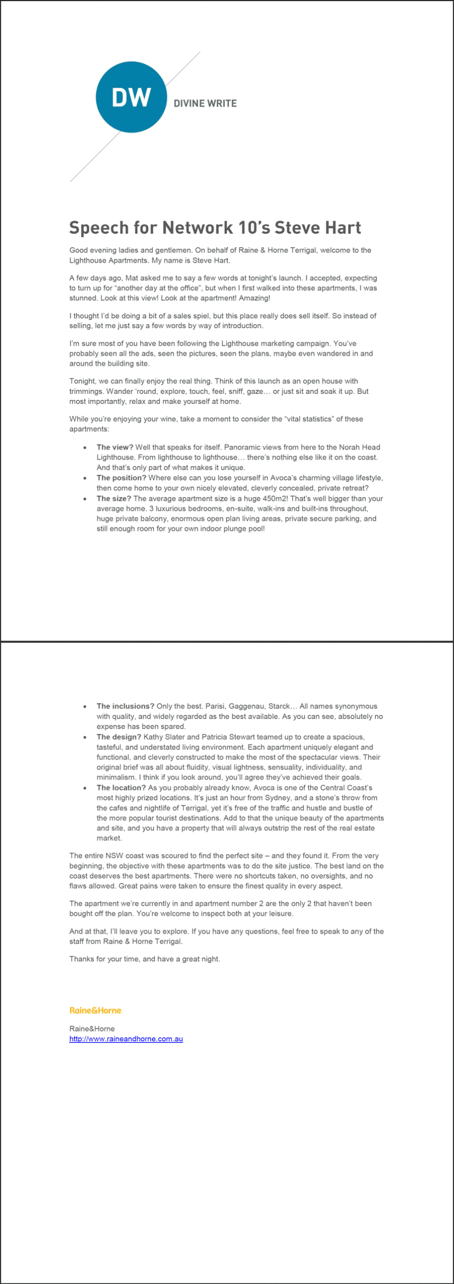 Raine & Horne — Speech written for delivery by Network 10's Steve Hart