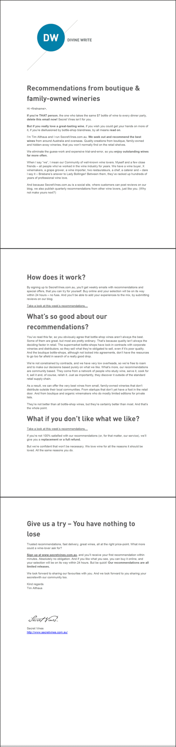 Secret Vines — Sales email for wine recommendations company